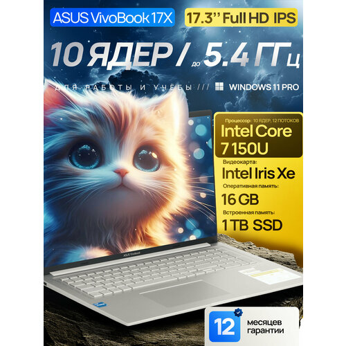 173 Ноутбук ASUS VivoBook 17X IPS Intel Core i7-1355U 470 ГГц RAM 16 ГБ SSD 512 ГБ Intel Iris Xe Graphics G7 Windows Pro Office 2021 Русская раскладка 129990₽