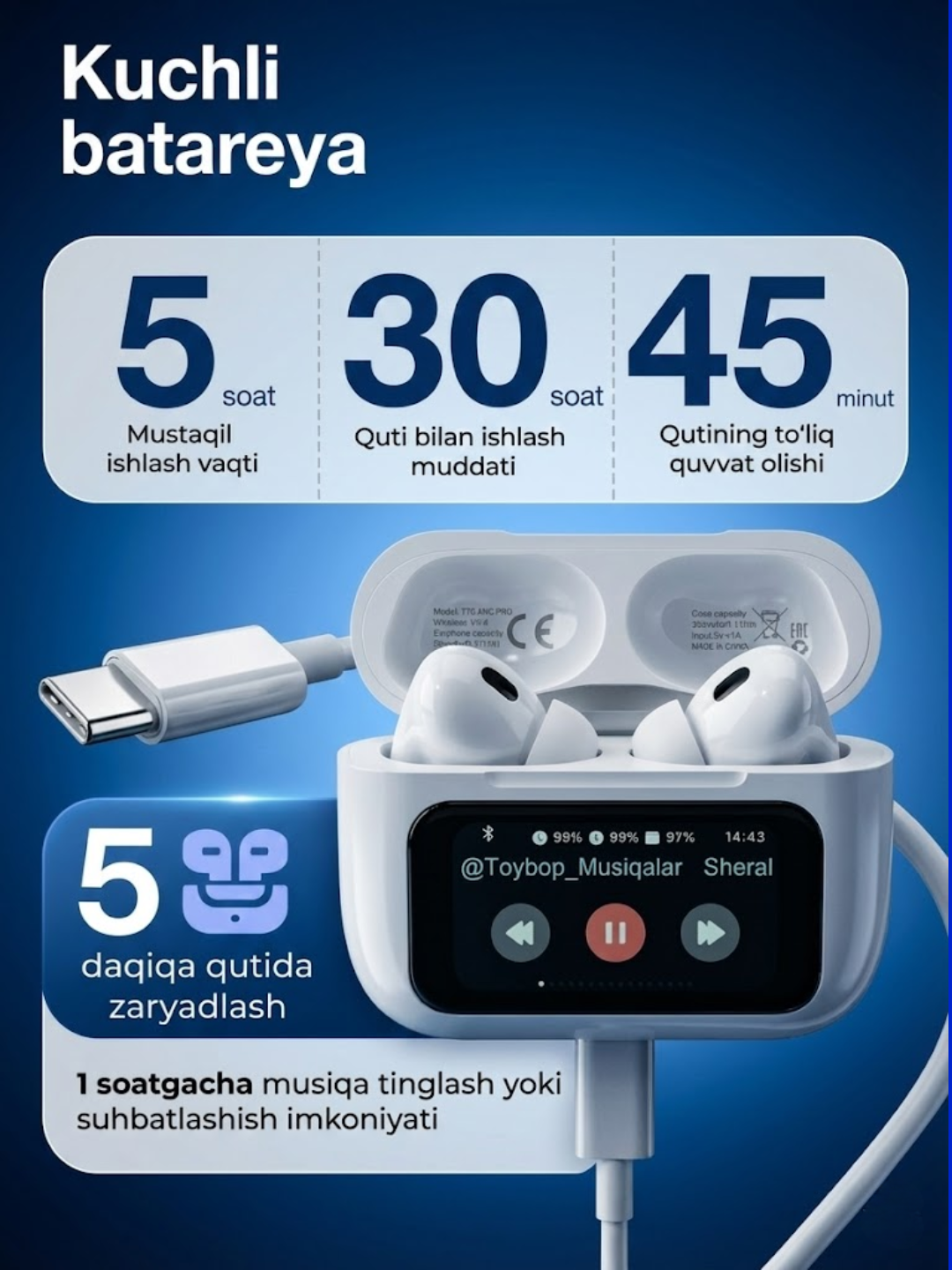 Наушники SAIYA, T70 Pro, беспроводные, для iPhone/Android, ANC — фото 1