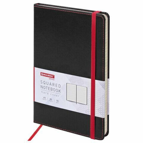 Блокнот А5 (148x218 мм), BRAUBERG "Office", под кожу, 80 л, резинка, клетка, черный, 111027