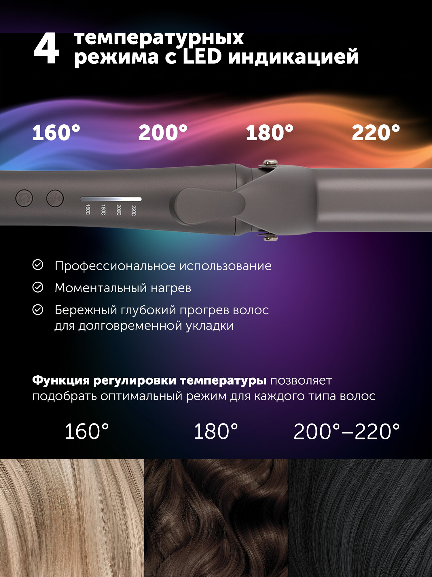 Стайлер для завивки волос Polaris PHS 3219Mi, 4 режима, керамическое покрытие, серый — фото 1