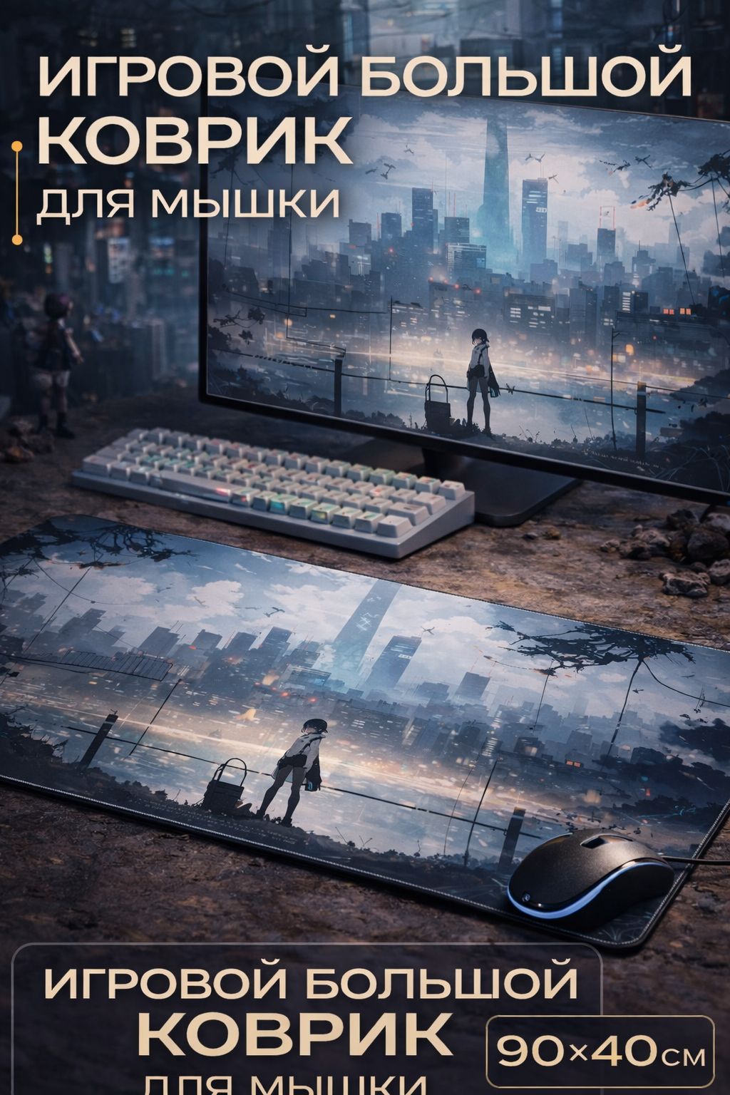 Коврик для мышки, игровой, прошитые края, резина, 90 см x 40 см