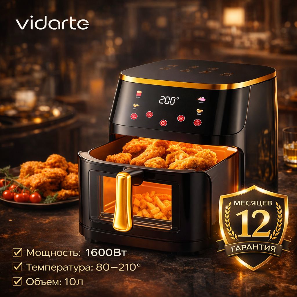 Аэрогриль Vidarte AF02Z 10 л, 1600 Вт, 80–210°C, гарантия 12 месяцев