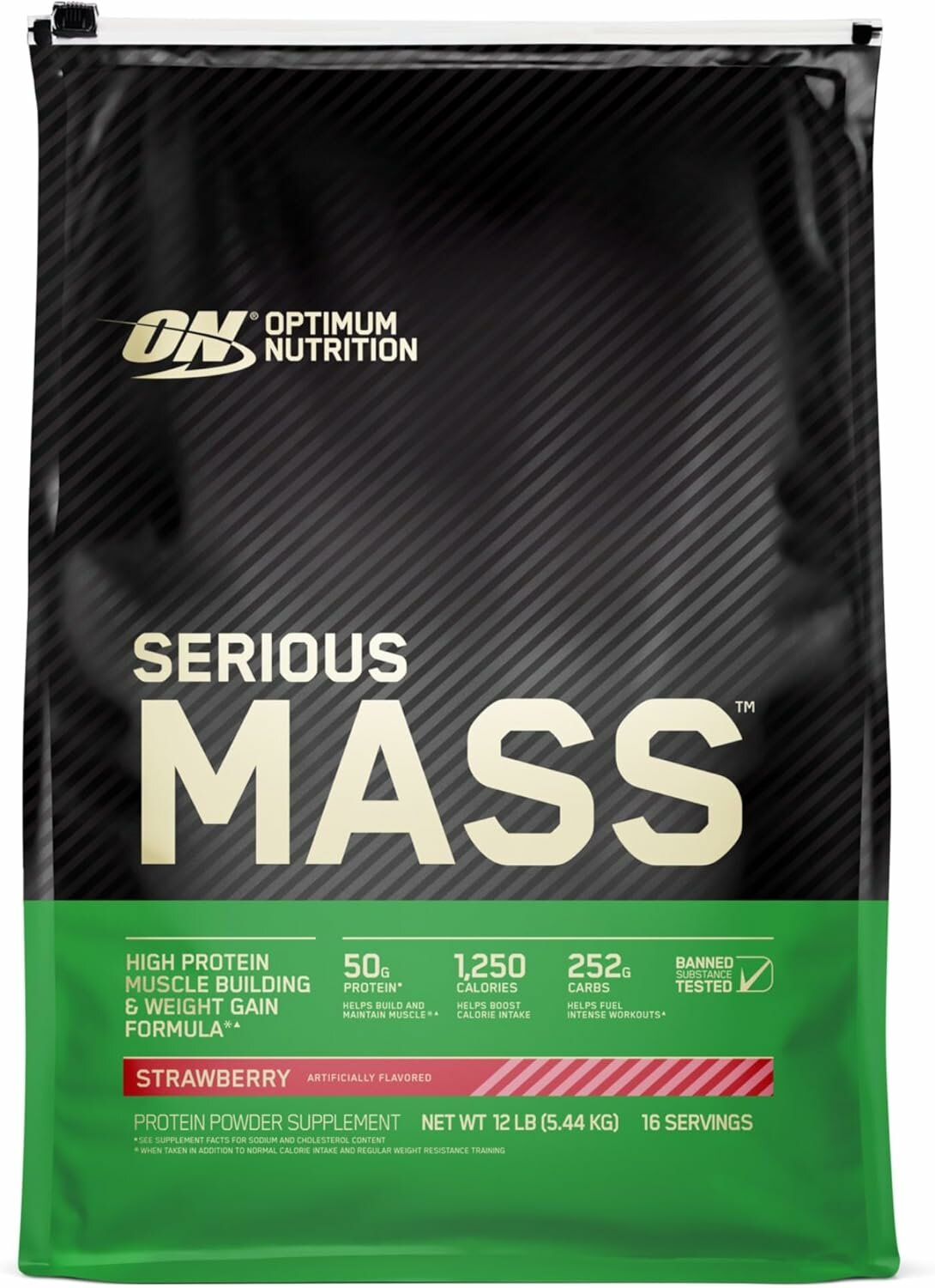 Гейнер Optimum Nutrition Serious Mass, для набора массы, клубничный, 5,44 кг (USA)