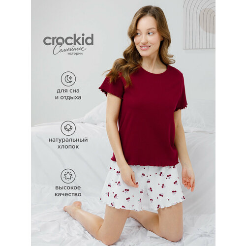 фото Пижама crockid хлопковая женская пижама с футболкой и шортами, размер 100/164-170(xl), бордовый