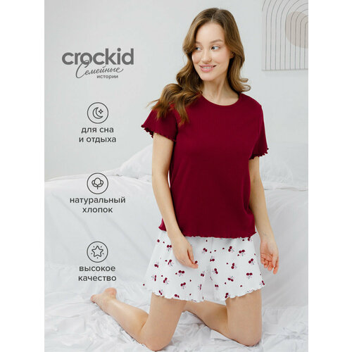 фото Пижама crockid хлопковая женская пижама с футболкой и шортами, размер 88/164-170(s), бордовый