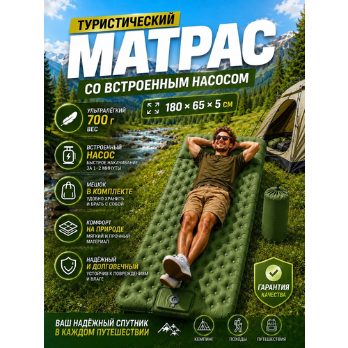 Коврик туристический надувной матрас для палатки со встроенным насосом