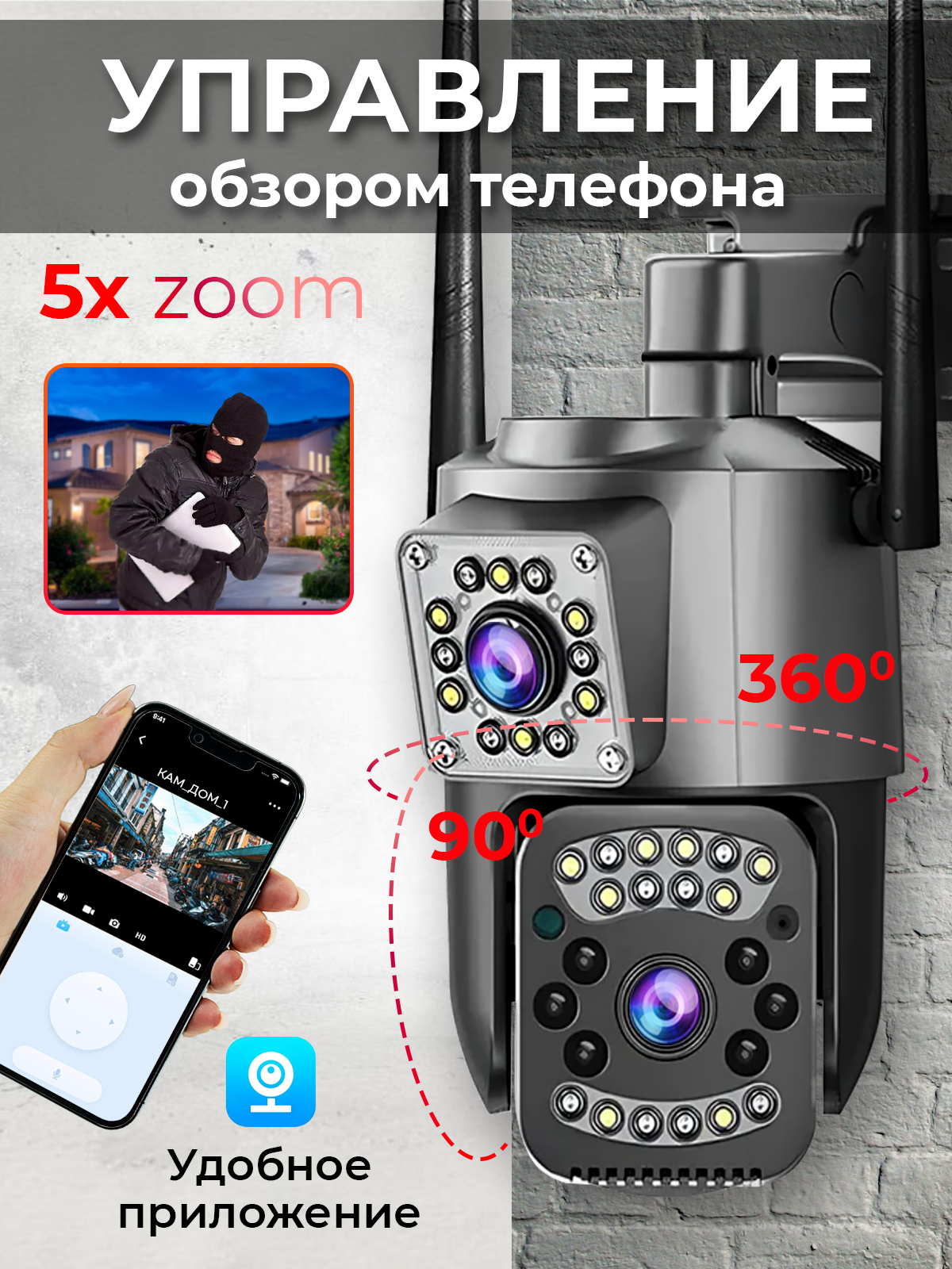 Умная 4G камера, V380Pro,2 объектива,5МП, для дома и улицы, датчик движения, ночная съемка, поворотная — фото 1