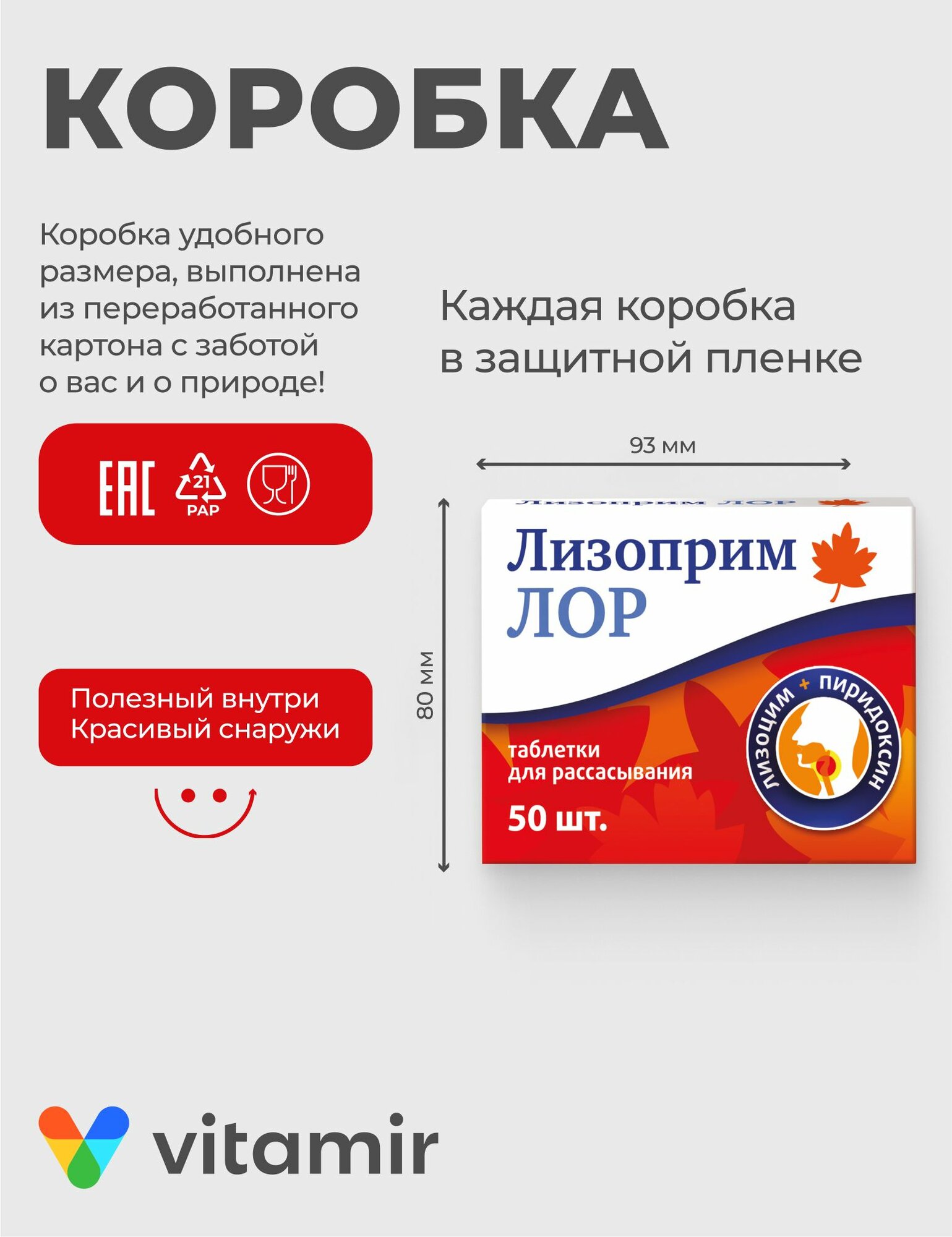 Лизоприм ЛОР VITAMIR с лизоцимом при воспалительных процессах и боли в горле таблетки для рассасывания №50 — фото 1