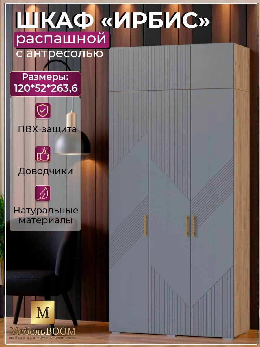 Шкаф распашной для одежды с антресолью 120 см; 1200*520*2636 мм; Дуб крафт/Графит