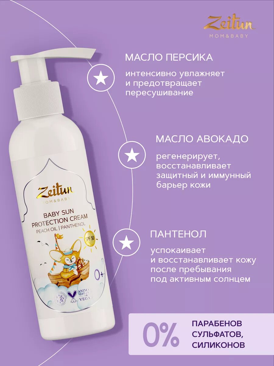 Картинки ZEITUN Солнцезащитный детский крем SPF 50 для лица и тела, водостойкий с пантенолом 0+, 150 мл