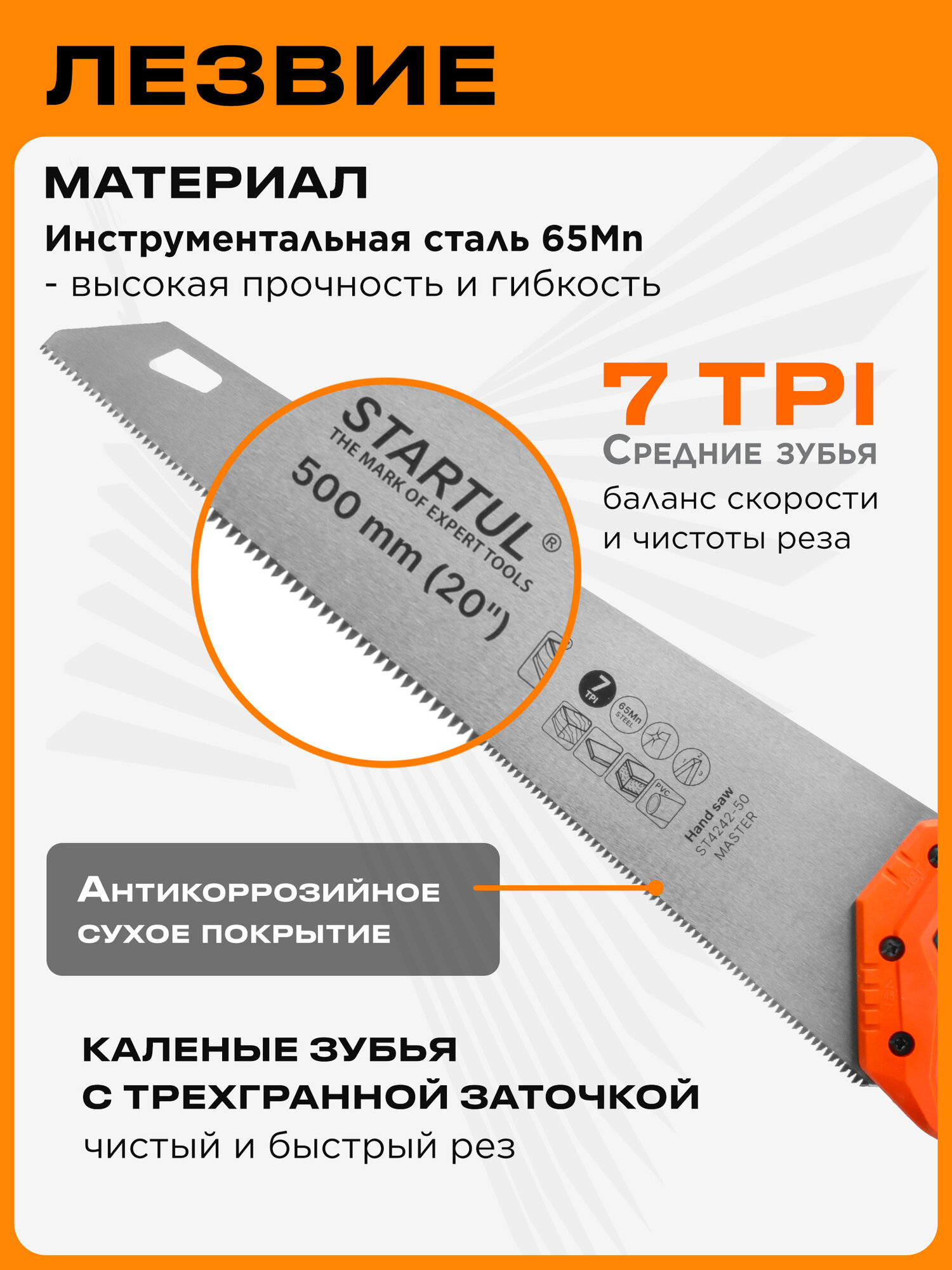 Ножовка по дереву STARTUL Master 500 мм 7 TPI со средним зубом (ST4242-50) — фото 1
