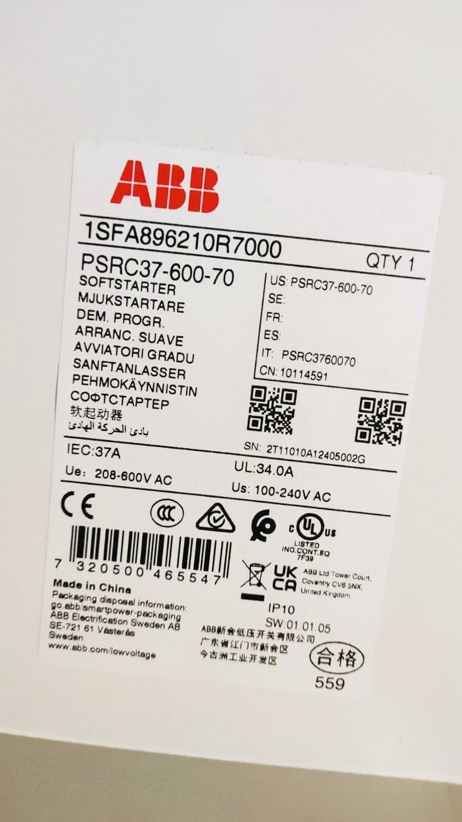 PSRC37-600-70 Софтстартер устройство плавного пуска 18,5кВт 600В 1SFA896210R7000 ABB
