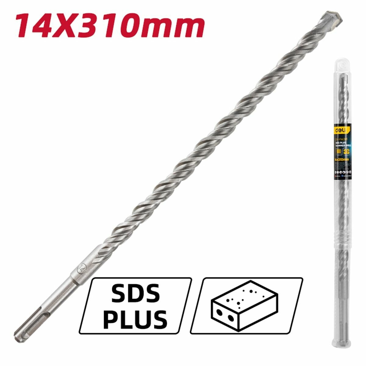 Бур по бетону SDS Plus 14х310мм Deli DH-Y14310 (наконечник карбид вольфрама YG8C)