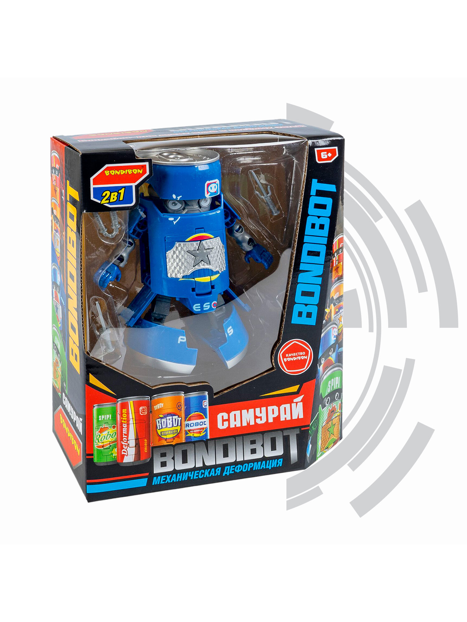 Трансформер "BONDIBOT 2 в 1", банка - робот Самурай с оружием, синий, Bondibon