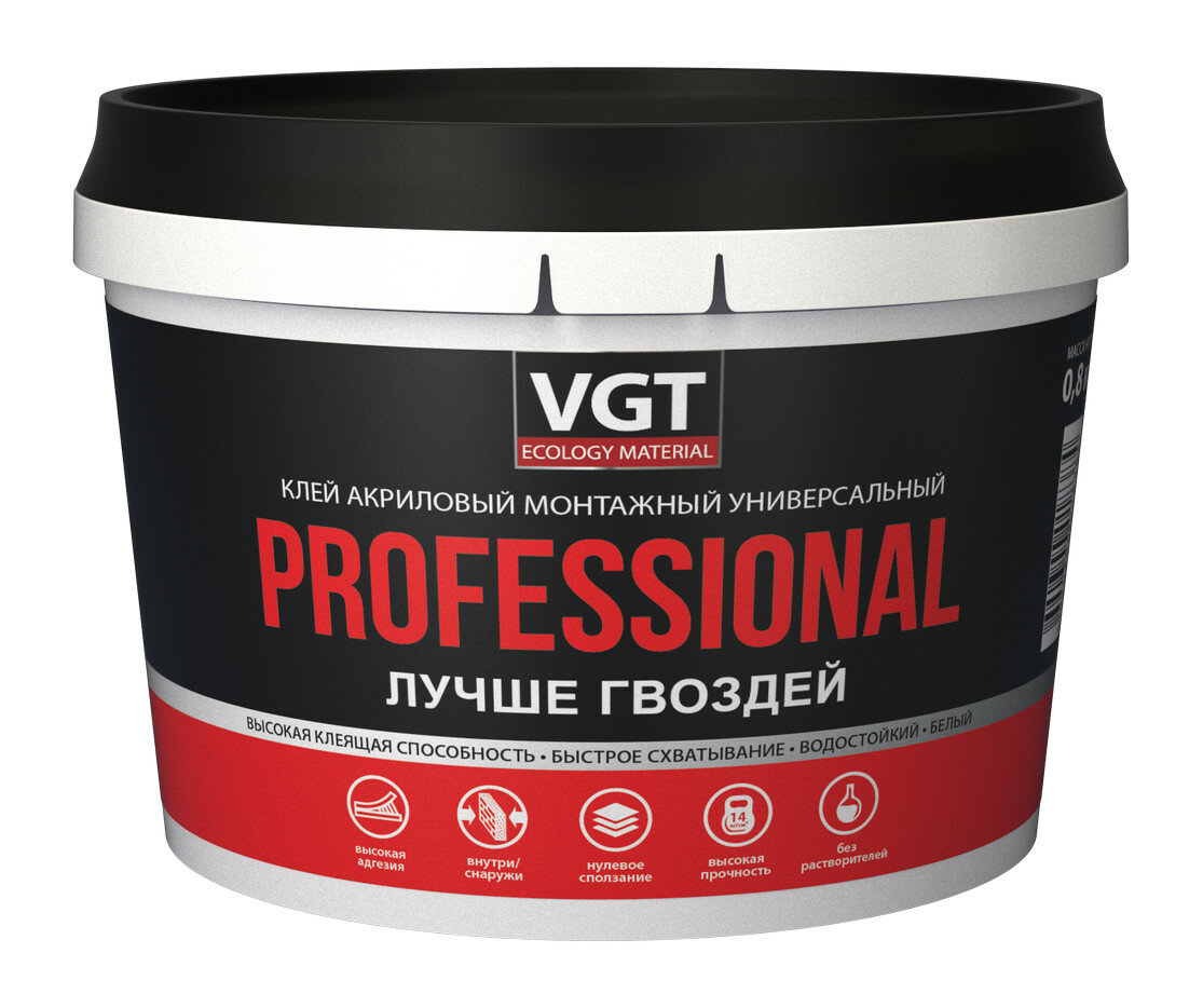Клей Vgt Professional акриловый, монтажный, универсальный, белый, 0,8 кг