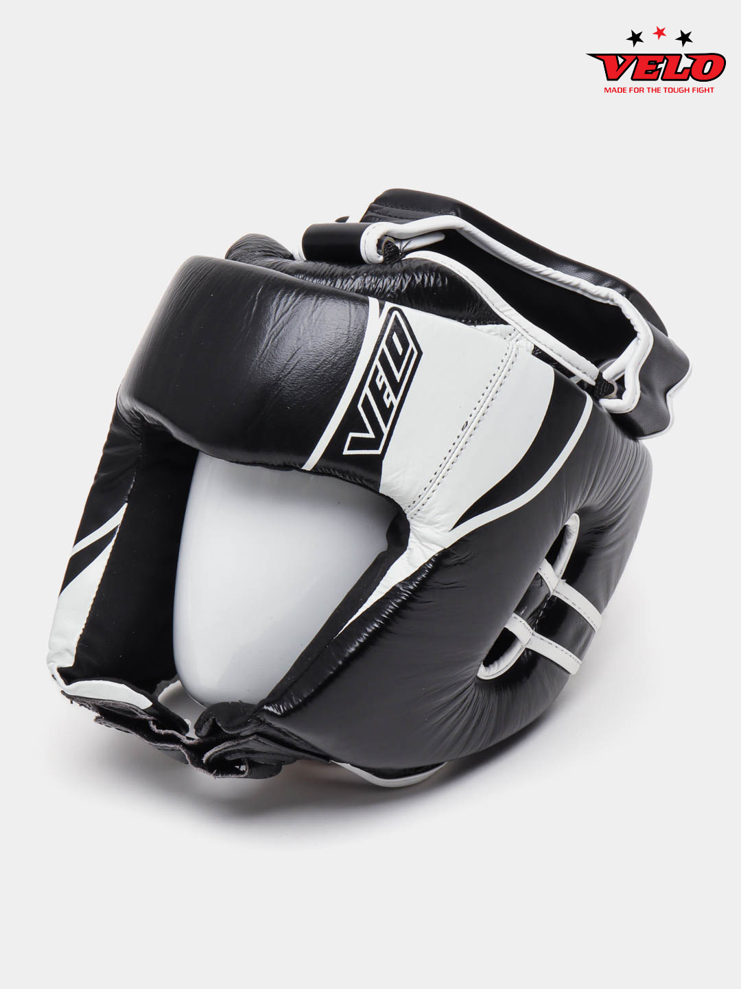Боксерский профессиональный кожаный шлем: VELO S-XL Черный и белый-XL — фото 1