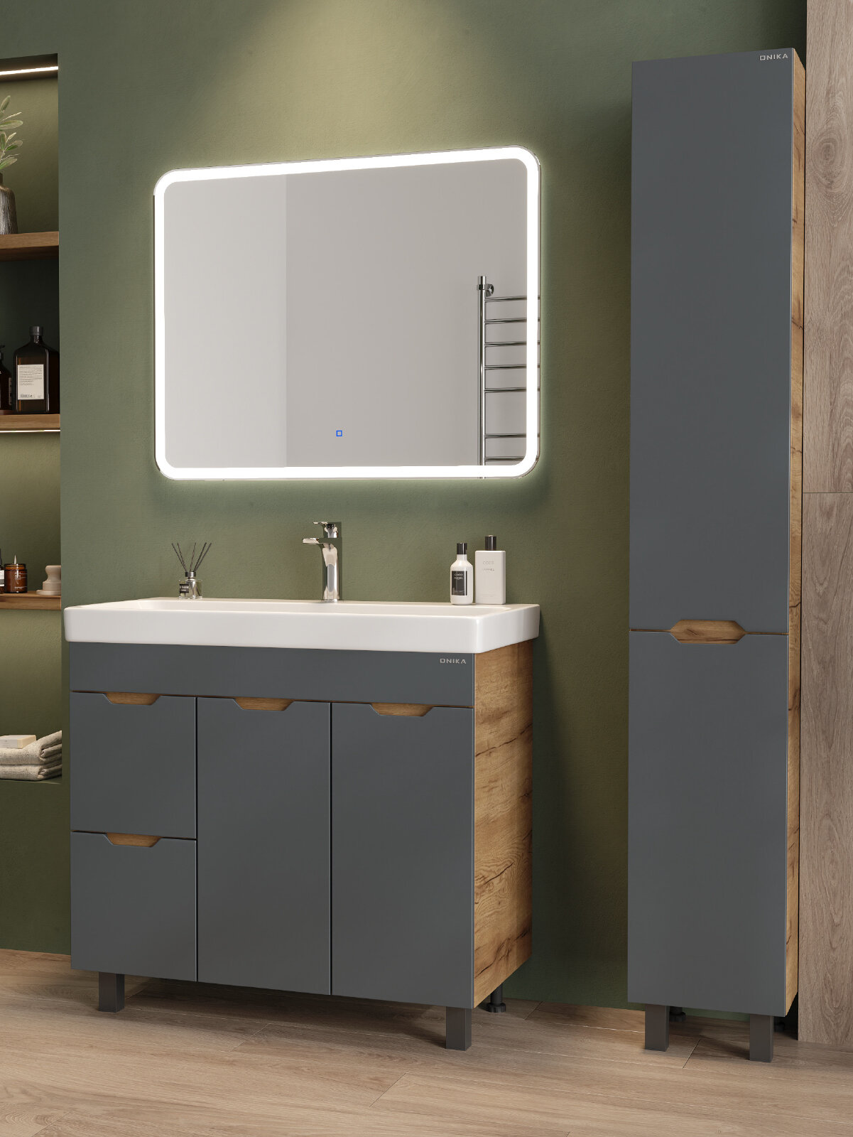 Тумба Onika Айленд 90 напольная  графит дуб крафт золотой  с корзиной  ум  Адриана 90 