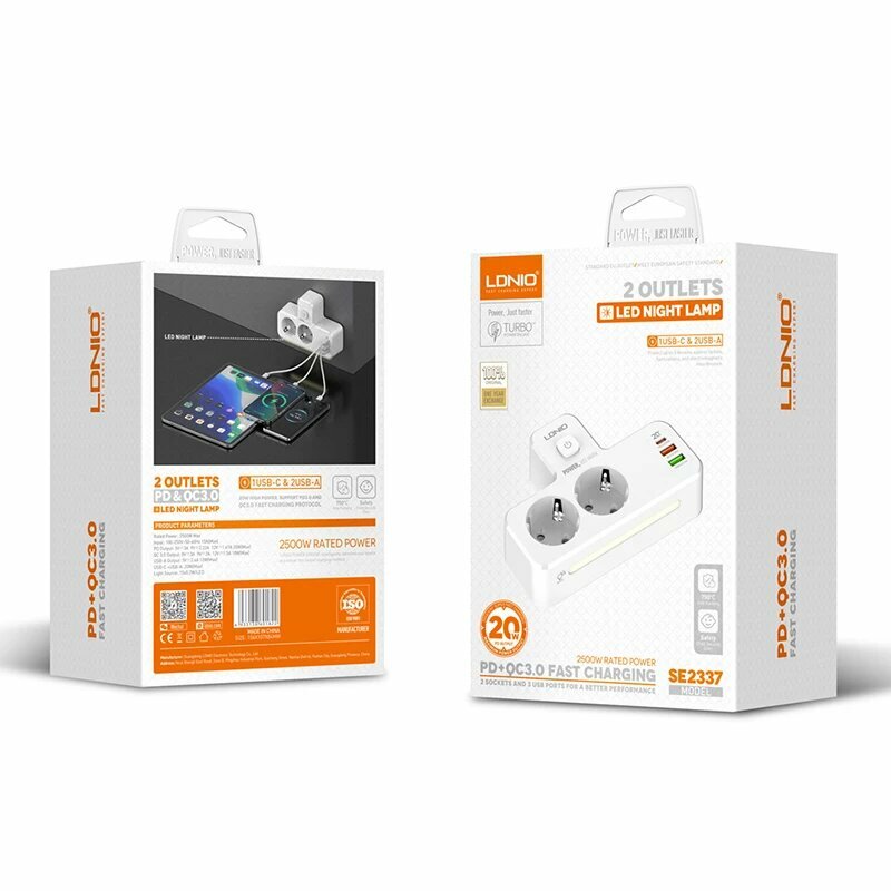 Тройник удлинитель Ldnio se 2413 2 розетки 2 usb порта 2500w 10A — фото 1