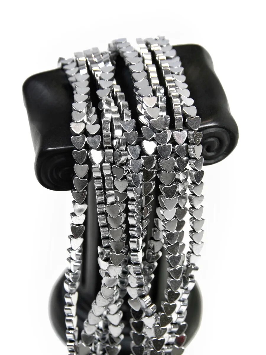 Гематин сердечки -серебро - 3.5 мм, нить 20 см (около 55 шт) — фото 1