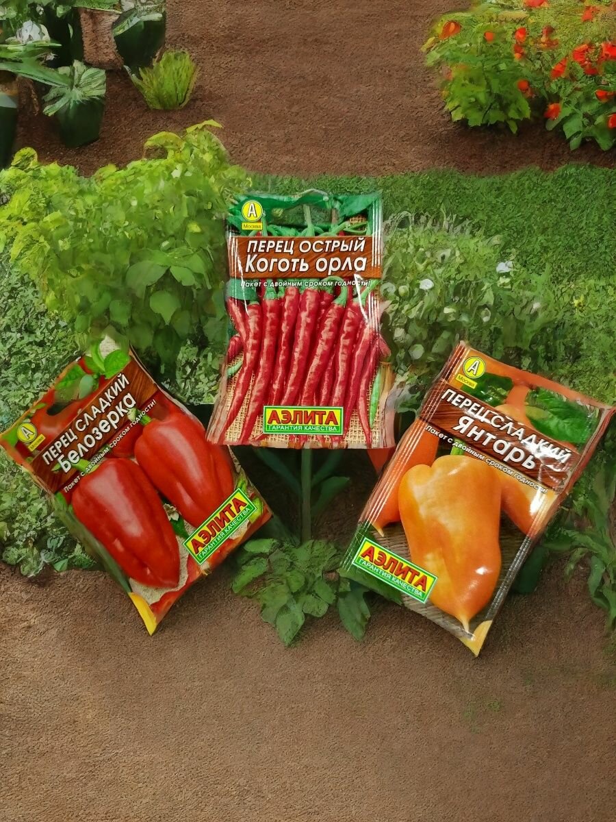 Набор семян перцев Агрофирма Аэлита 3 сорта   Белозерка   Янтарь   Коготь орла   по 1 пакету
