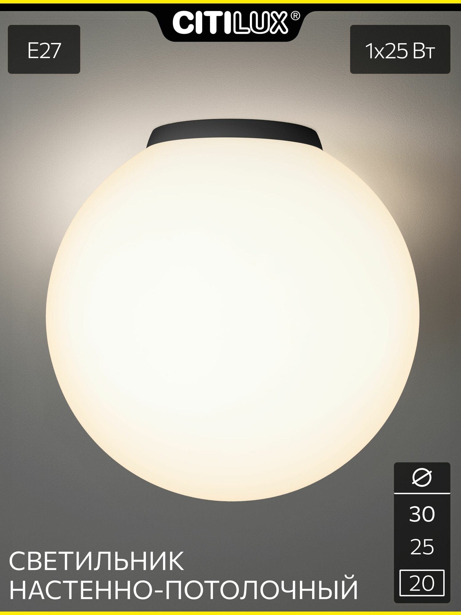Потолочный светильник Citilux RON CL941D20B5 шар минималистичный настенно-потолочный матовый плафон 20 см черное основание Е27