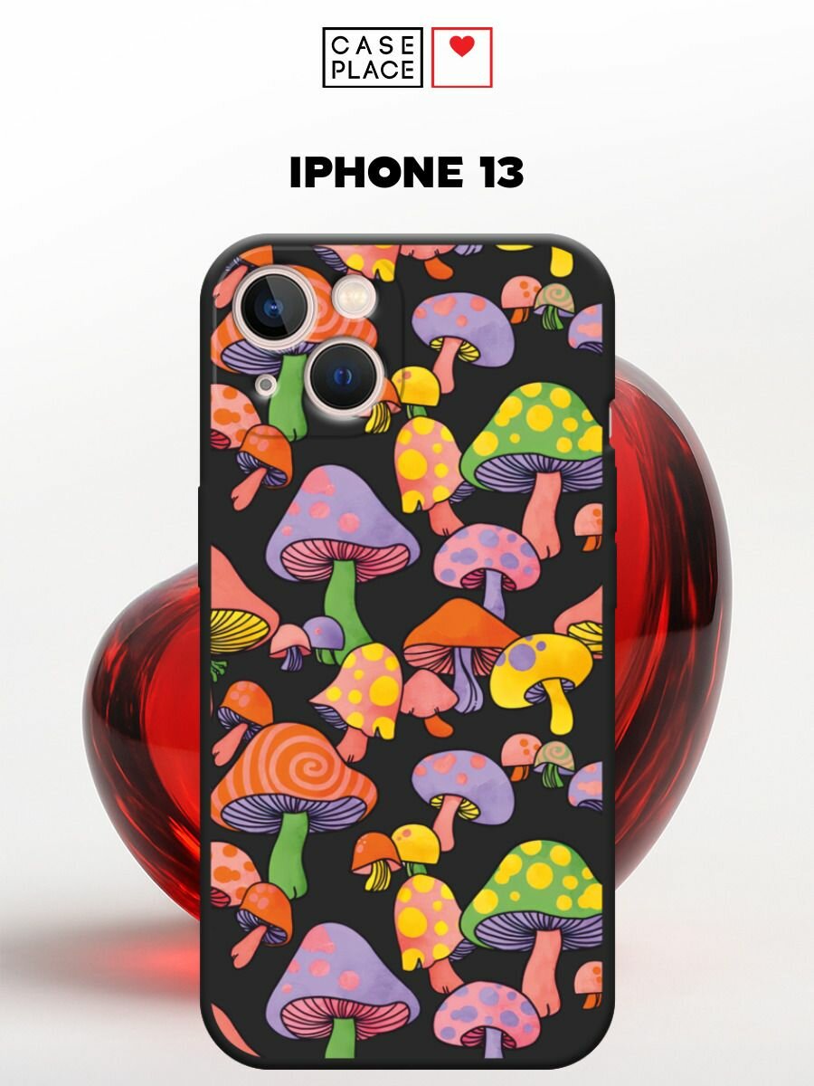 Черный матовый чехол на Apple iPhone 13 / Айфон 13 с принтом Цветные грибы