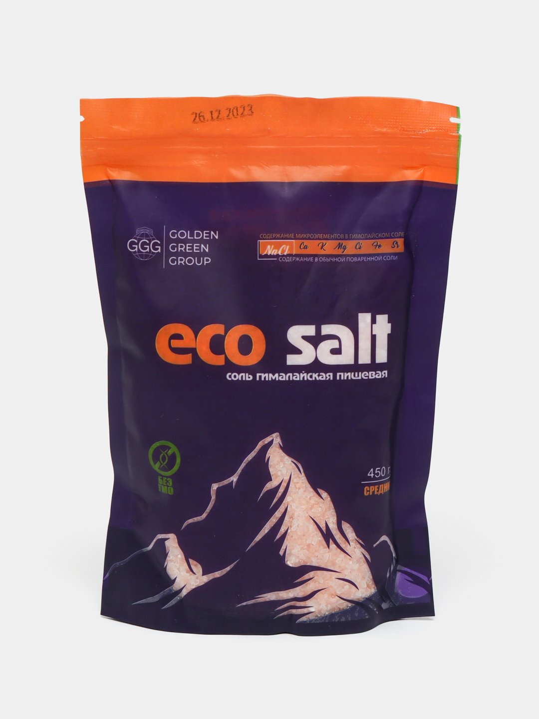 Гималайская Розовая Соль "EcoSalt", гималайская, розовая, средний помол, 450 гр