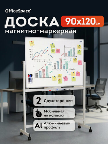 Изображение товара Доска для заметок, OfficeSpace, магнитно-маркерная, 90x120см, двусторонняя