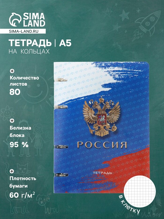 Апплика Тетрадь на кольцах A5 «Россия», 80 листов в клетку, вырубка под кольца, сменный блок