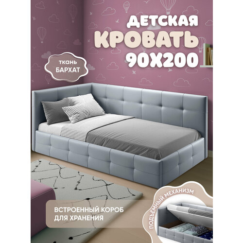 фото Детская односпальная кровать 90х200 с подъемным механизмом, ящиками босс подростковая, бархат серый, ами мебель ami