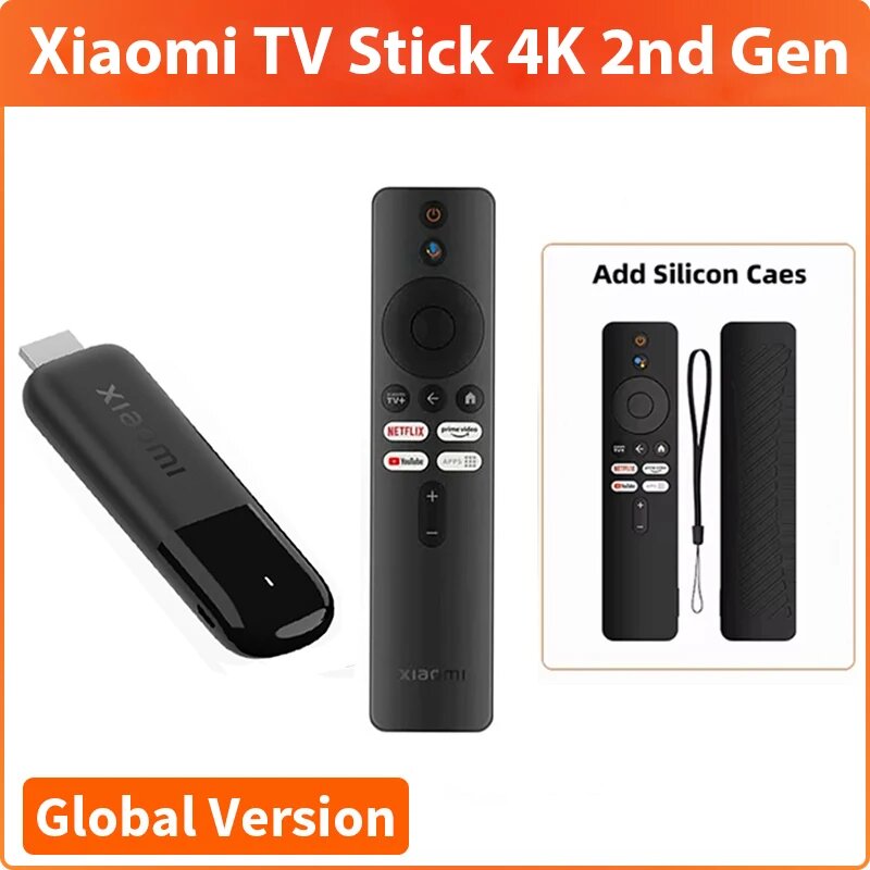 Xiaomi TV Stick 4K 2-го поколения 2025 Глобальная версия Google TV Smart HDR 2 ГБ ОЗУ 8 ГБ ПЗУ Bluetooth 5.2 Mini TV Dongle Потоковое мультимедиа, Add Black Cover, EU Plug Version