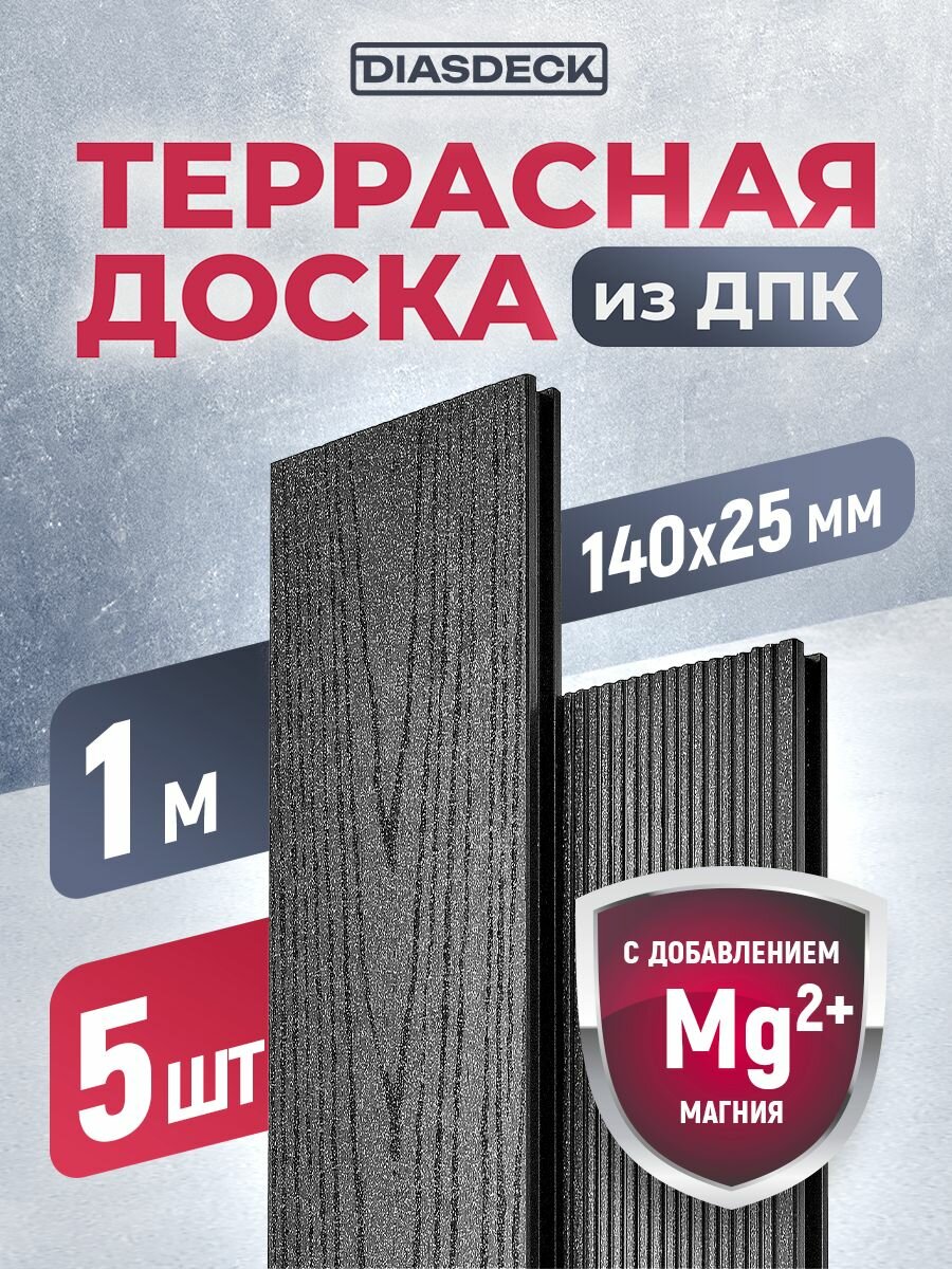 Террасная доска DIASDECK из ДПК 140х25мм длина 1 метр цвет антрацит комплект 5 штук (минерал)