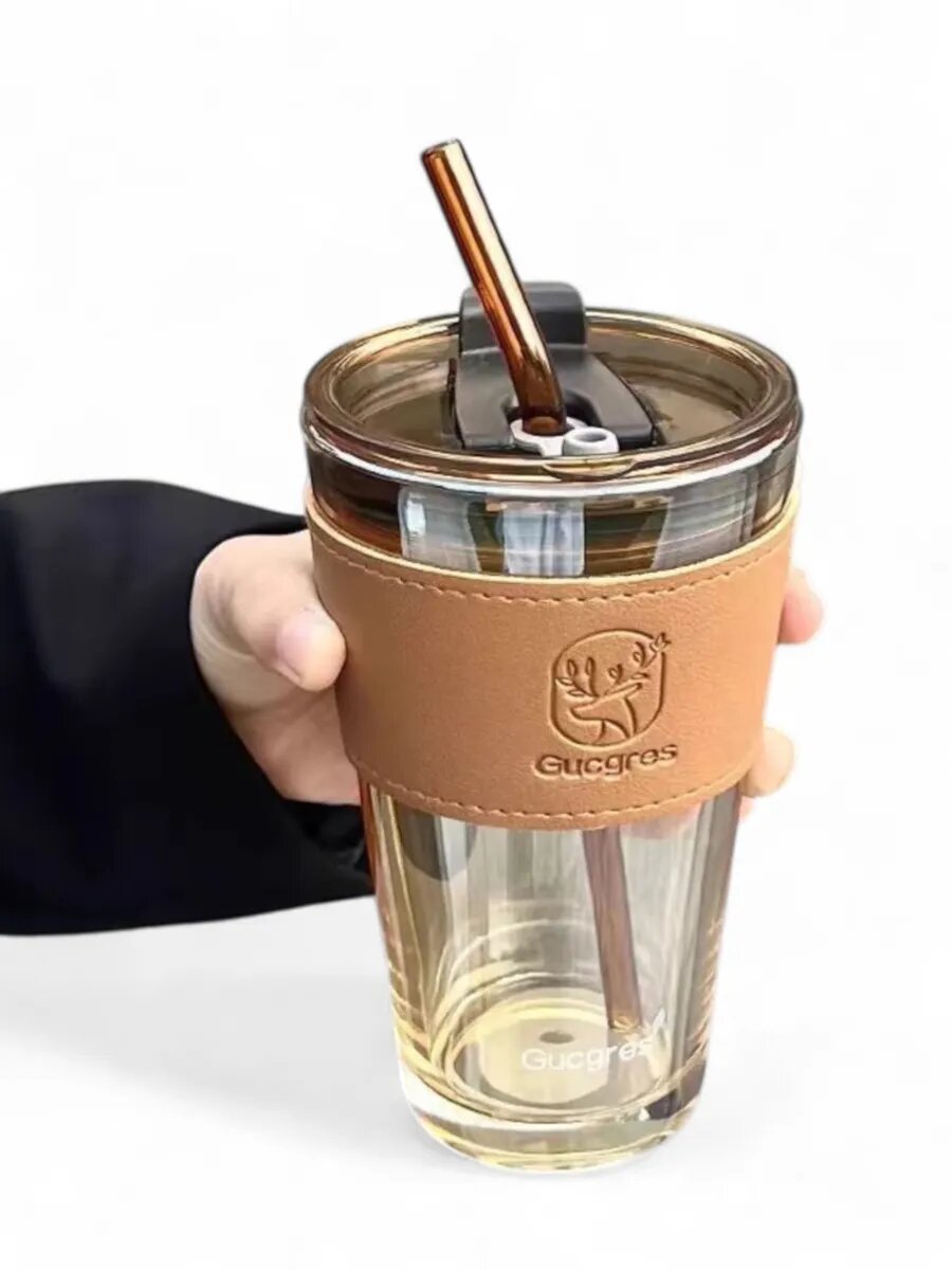 Стакан Китобой, с трубочкой, стекло, искусственная кожа, 450мл