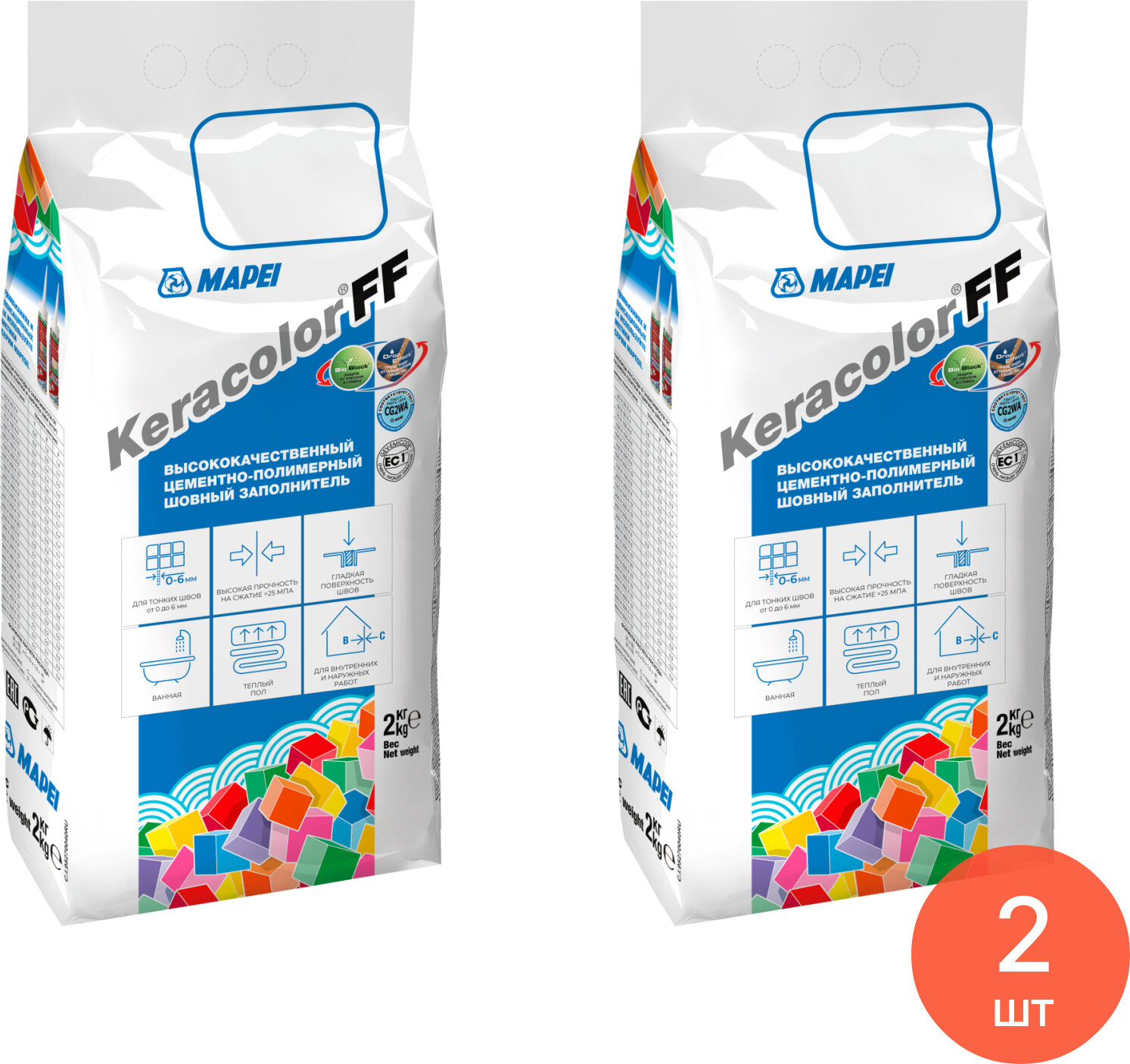 Затирка Mapei / Мапей Keracolor FF для плиточных швов сухая водоотталкивающая цементно-полимерная цвет №111 светло-серый 2кг / строительные смеси (комплект из 2 шт)