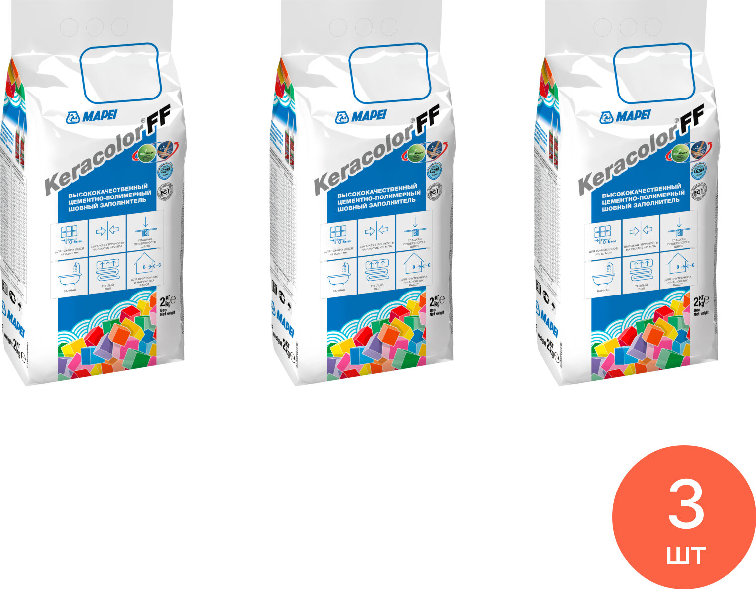 Затирка Mapei / Мапей Keracolor FF для плиточных швов сухая водоотталкивающая цементно-полимерная цвет №110 манхеттен 2кг / строительные смеси (комплект из 3 шт)