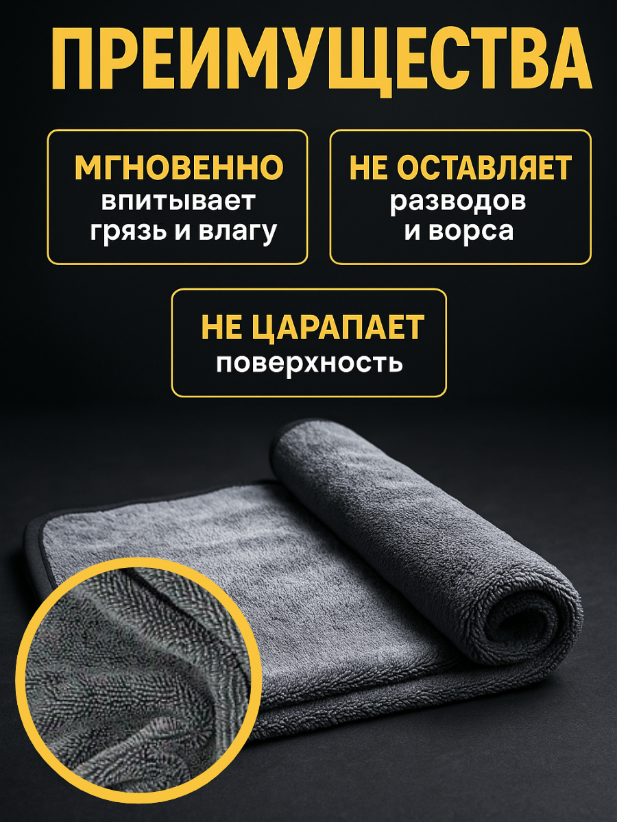 Микрофибра для автомобиля, 50 см x 60 см, набор 2 шт, серая, автополотенце для сушки машины — фото 1