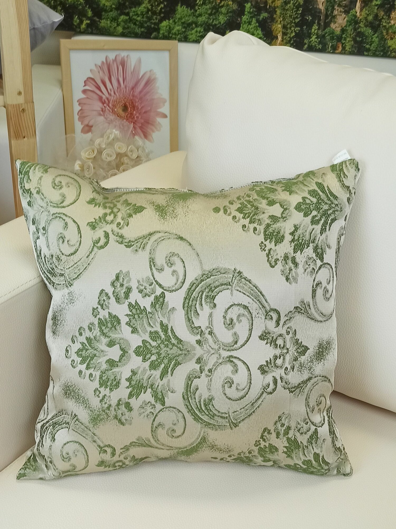 Кружева Декоративная подушка Жаккард 30х30 см, зеленый