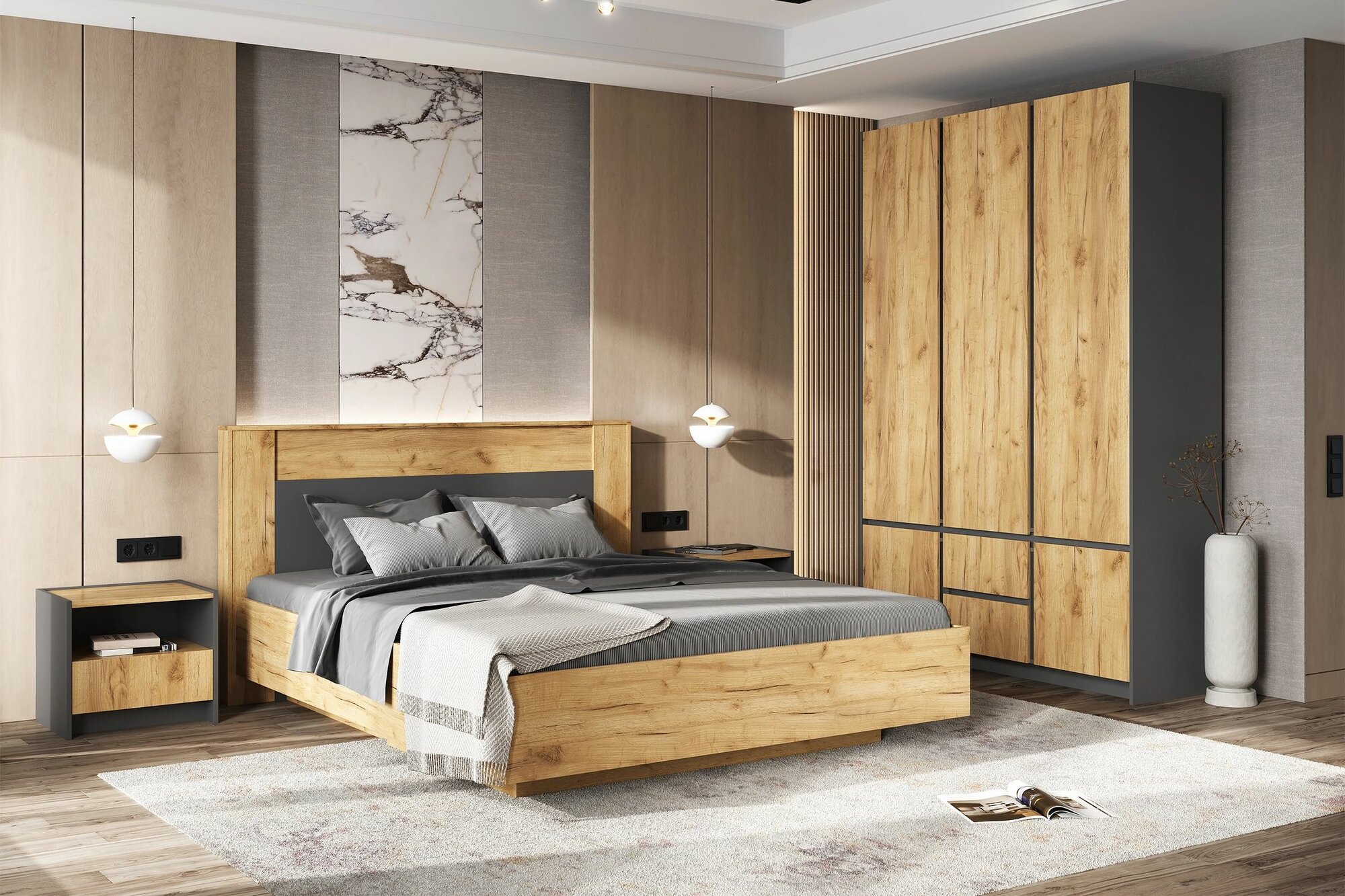 Остин Кровать парящая 1,6м с подъёмным механизмом (Дуб Крафт/Графит)