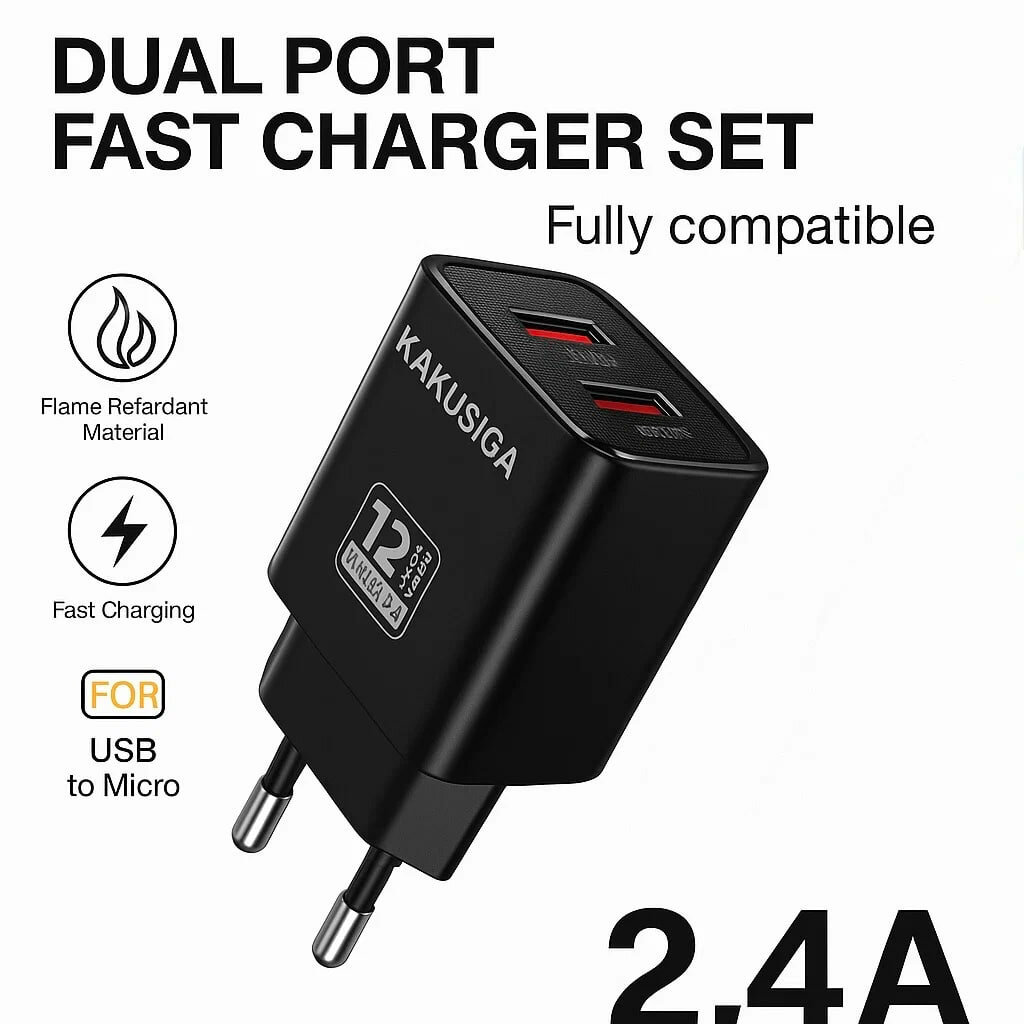 Зарядное устройство KAKUSIGA, кабель micro USB, быстрое, 2 порта, 2.4A