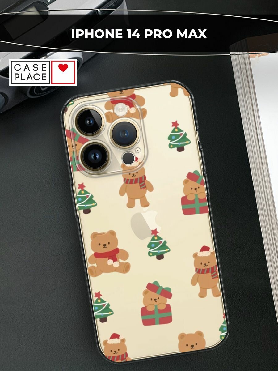 Чехол на Apple iPhone 14 Pro Max / Айфон 14 Про Макс с принтом "Игрушечный новогодний мишка", прозрачный