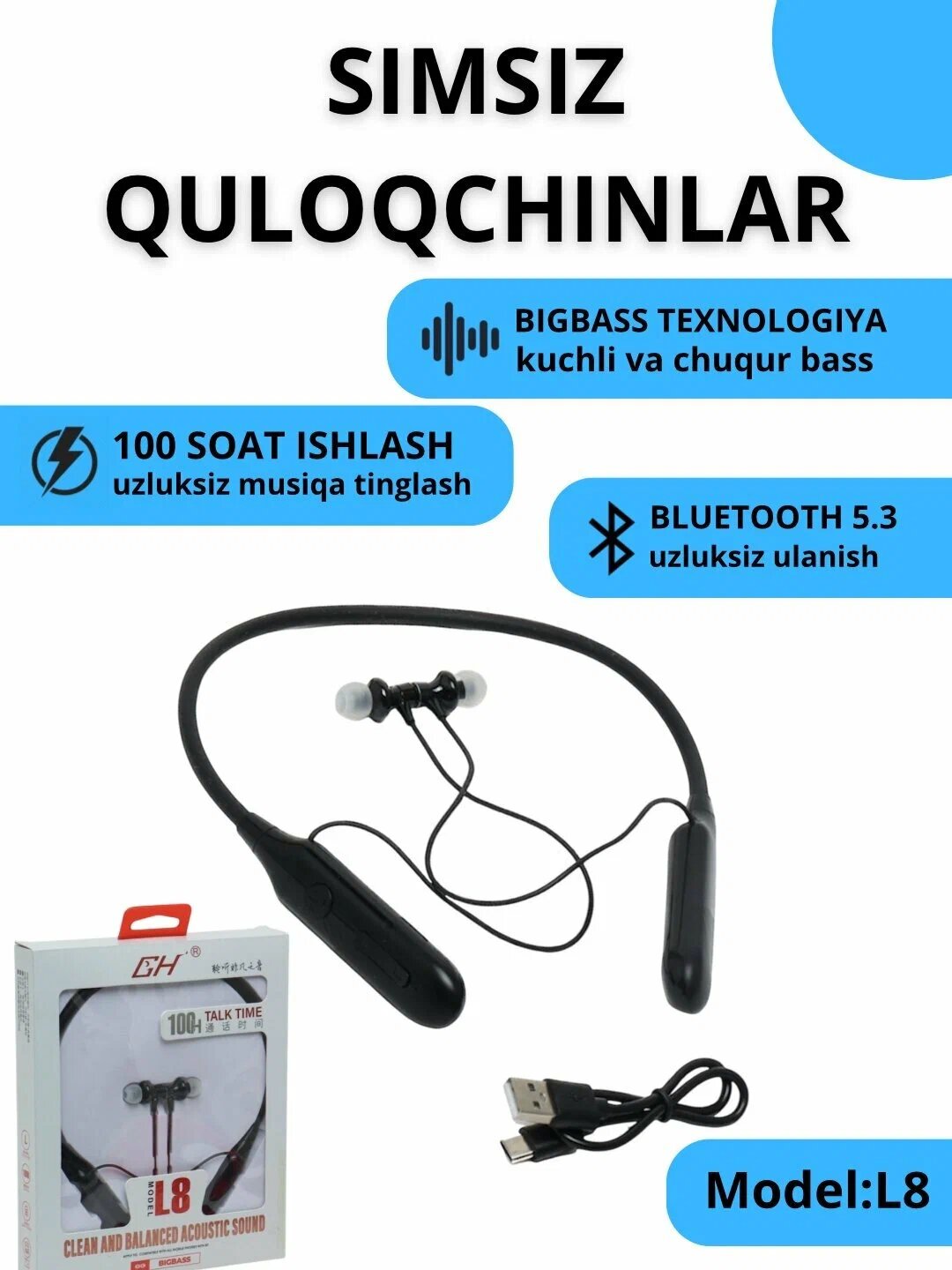 Спортивные наушники GH L8, беспроводные, ANC, 800mAh, Li-Ion, USB Type-C, черного цвета.