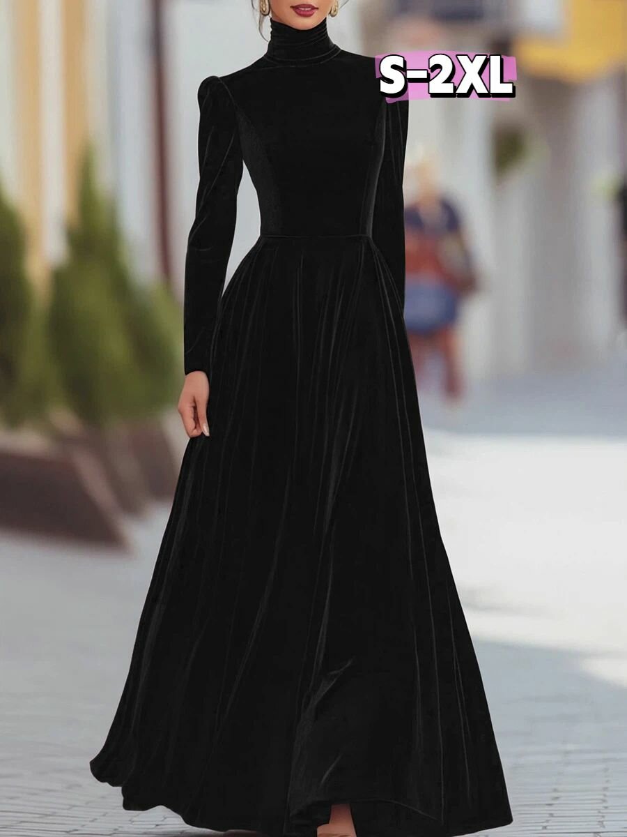 Платье длинное с высоким воротником и пышными рукавами