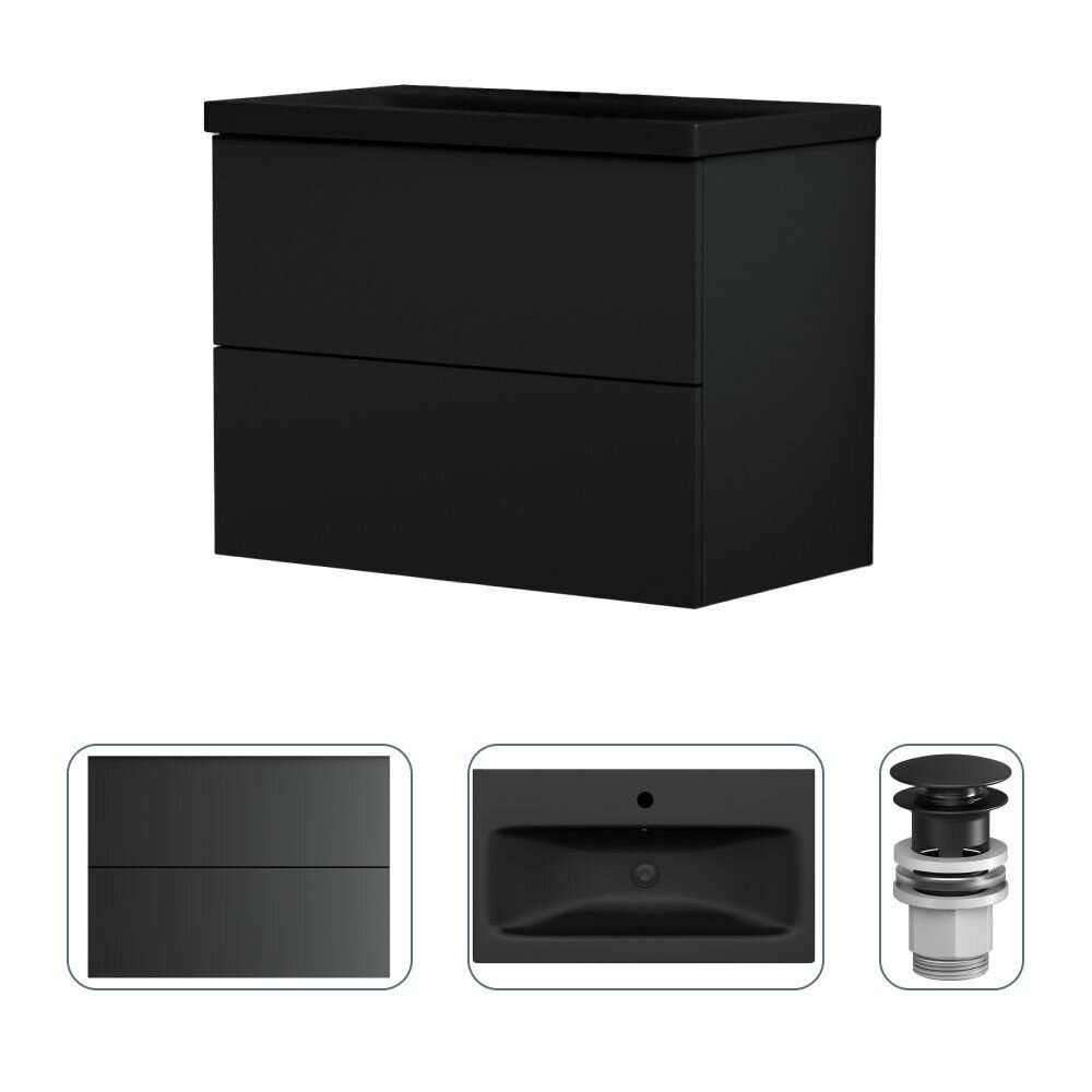 фото Тумба с раковиной в ванную AM.PM с донным клапаном черный, подвесная, 75 см, 2 ящика push-to-open, черный матовый, эмалевое покрытие,