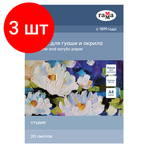 Комплект 3 шт, Папка для гуаши и акрила 20л, А4, Гамма Студия, 180г/м2