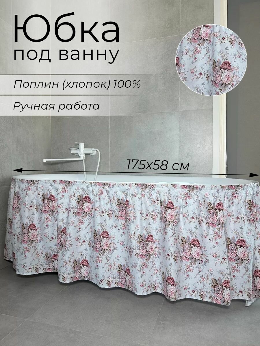 Экран под ванну тканевый, материал поплин, цветы голубые, 175х58 см