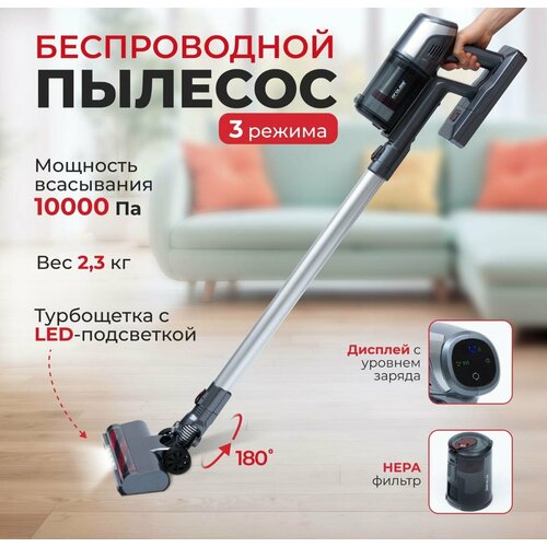 Вертикальный беспроводной пылесос для сухой уборки 2 в 1 с контейнером дисплеем турбощеткой и LED-подсветкой 9999₽