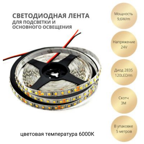 Светодиодная лента 200 LUX 9,6W 6000К 24V 2835 120 LED, 5м