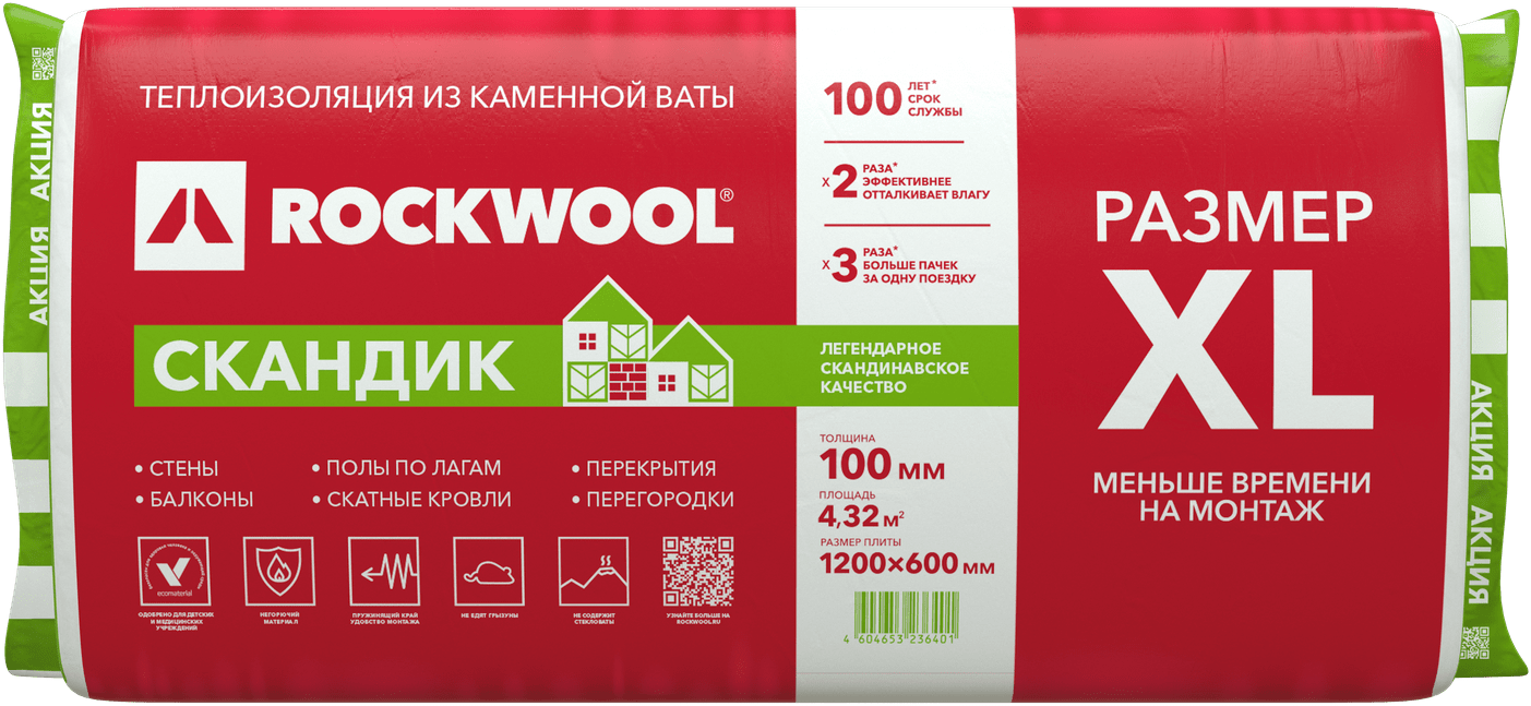 Теплоизоляция Rockwool Лайт Баттс Скандик, XL 100 мм - фотография № 1