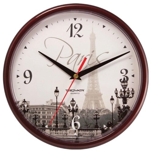 фото Часы настенные troyka 91931927, круг, с рисунком "paris", коричневая рамка, 23х23х4 см тройка
