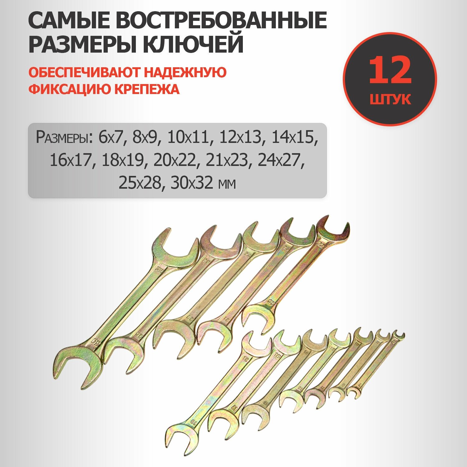 Набор комбинированных рожковых ключей (12 предметов) с цинковым покрытием 6х7-30х32 мм